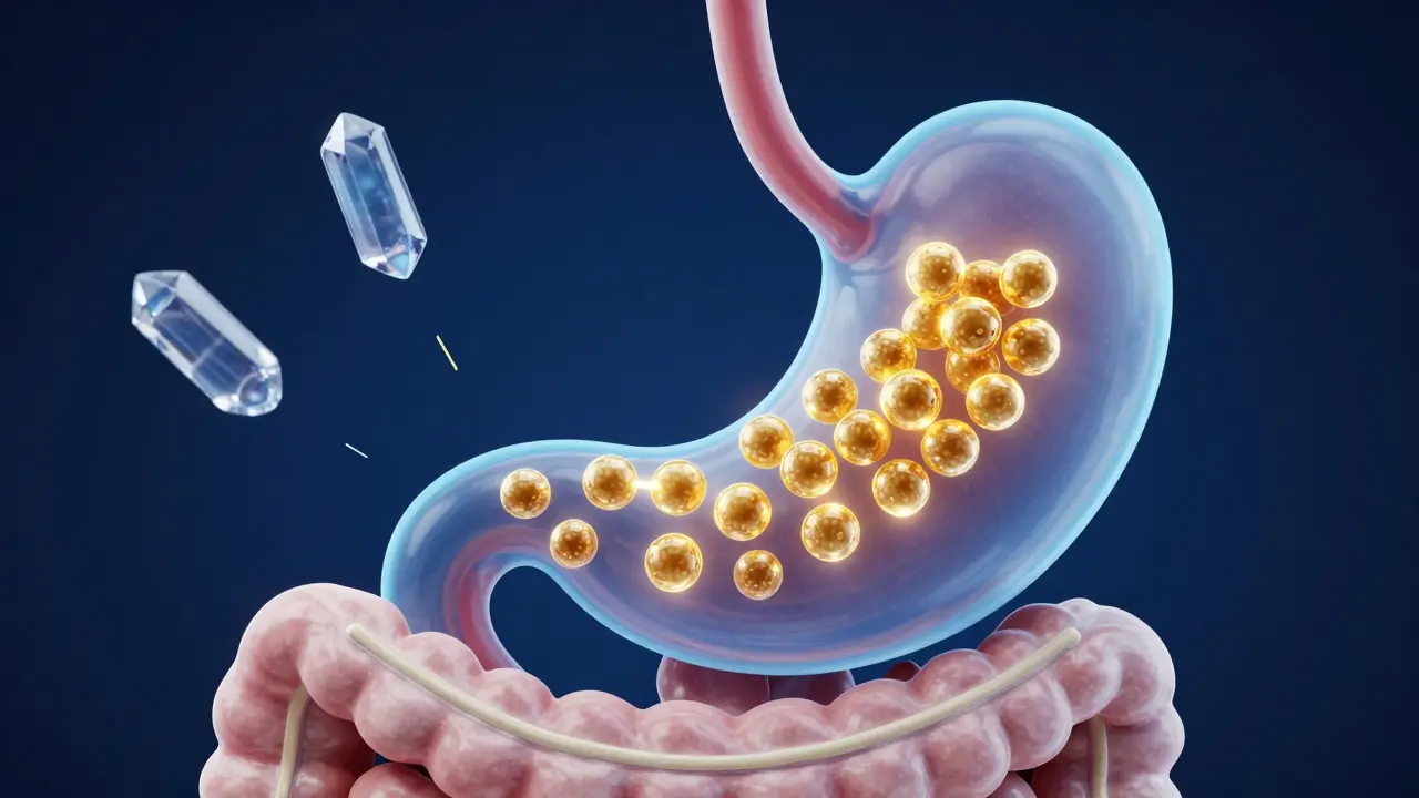 Konceptuální znázornění cesty probiotik durch trávicí trakt s časovým odstupem od antibiotik.