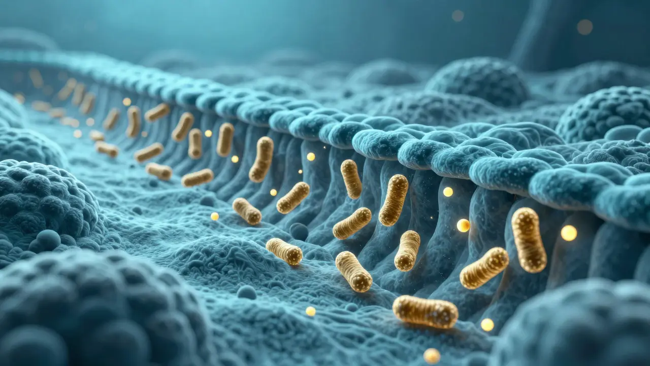 Konceptuální znázornění laktobacilů chránících střevní sliznici.
