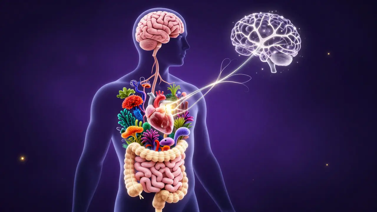 Konceptuální znázornění propojení střev a mozku pomocí Vagus nervu.