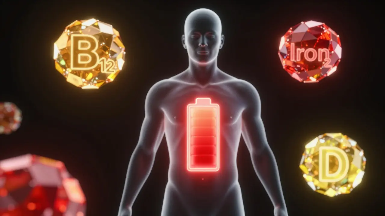 Konceptuální znázornění vybité biologické baterie v těle a chybějících vitamínů.