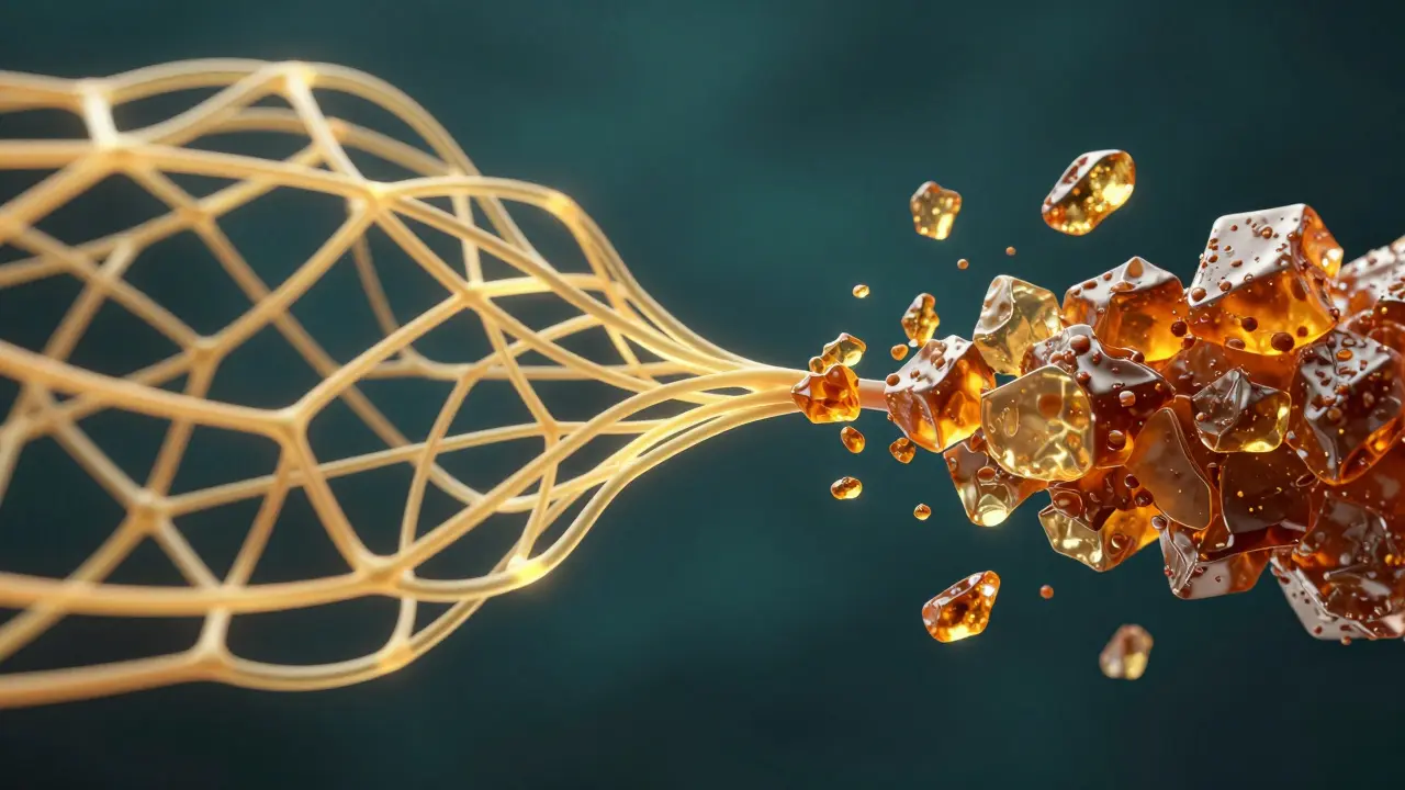 Konceptuální zobrazení glykace, kde pružná kolagenová vlákna křehnou a krystalizují.