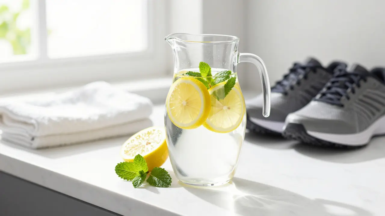 Kouvle vody s citronem a sportovní vybavení symbolizující detoxikaci těla.