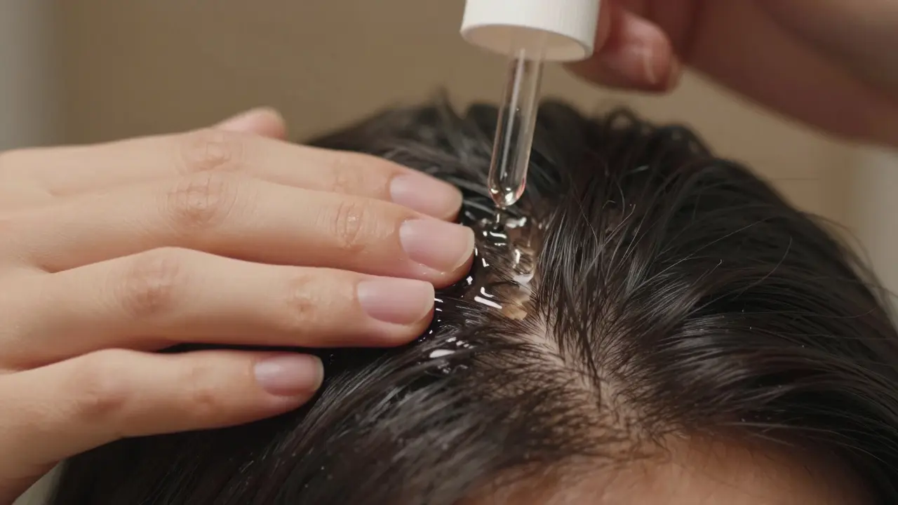 Masáž pokožky hlavy prsty při aplikaci růstového séra u kořínků.