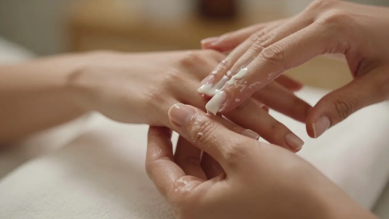 Masáž ruky s hydratačním krémem a olejem na kůžičky po manikúře.