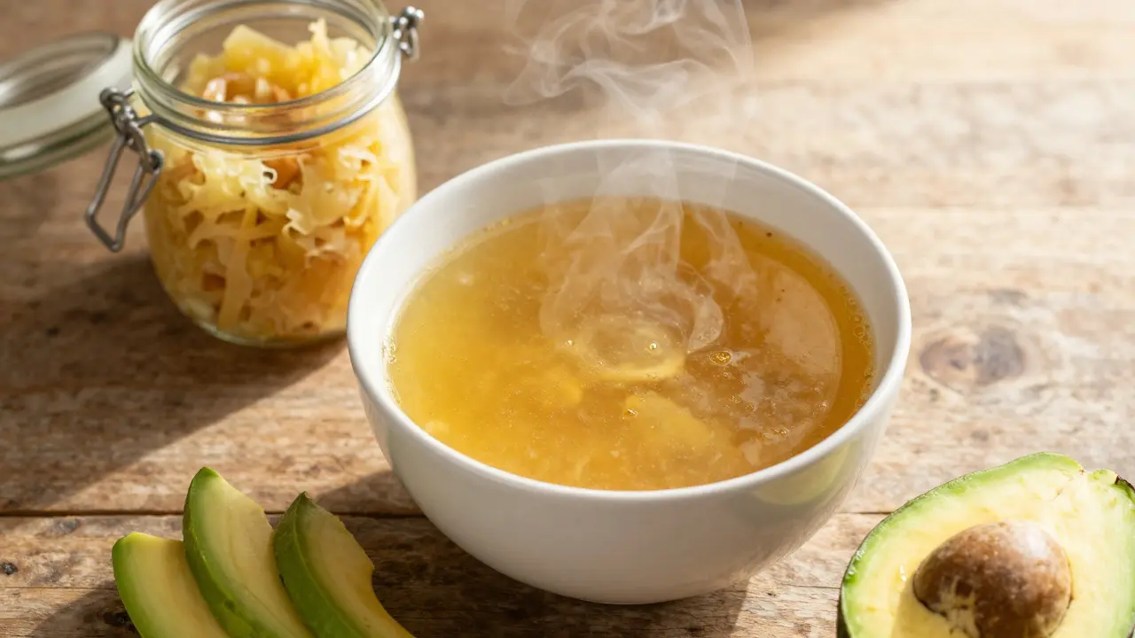 Mísa kostního vývaru, kvasená zelenina a avokádo na dřevěném stole.