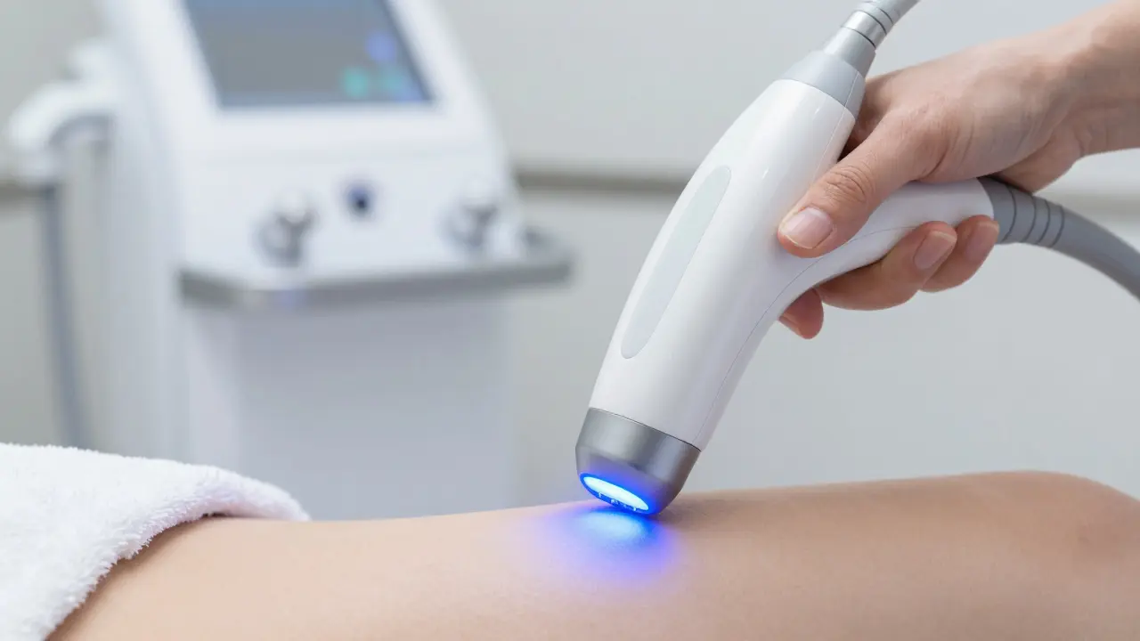 Moderní přístroj na laserovou epilaci s modrým světlem v klinickém prostředí.