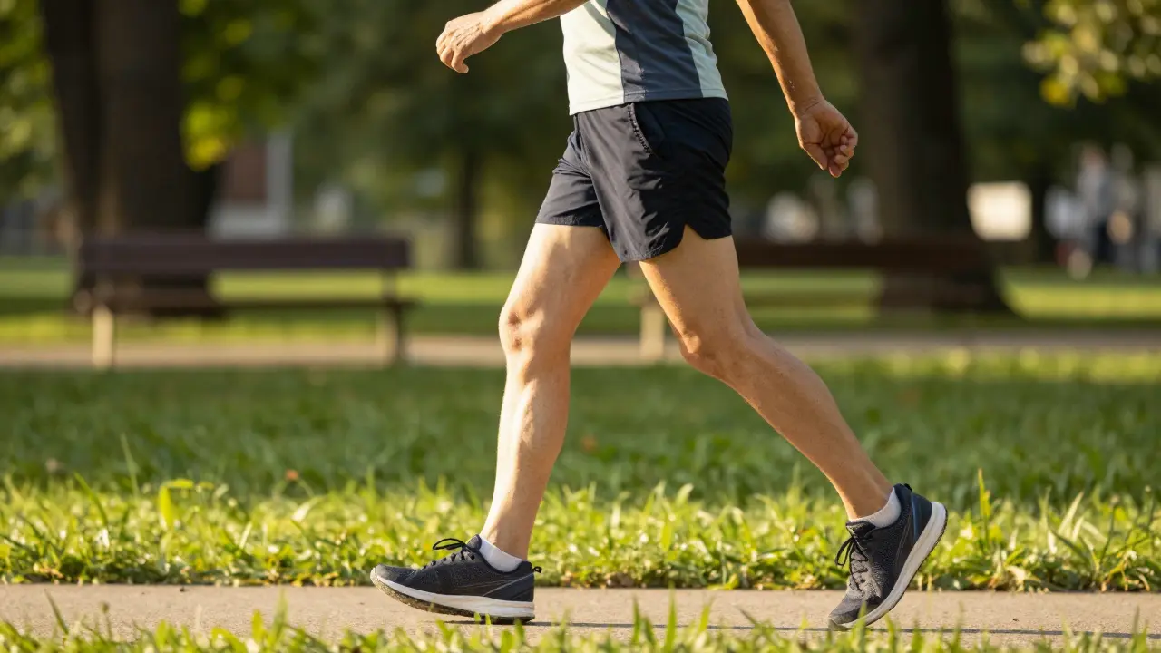 Osoba v sportovním oblečení při svižné chůzi v zeleném parku.