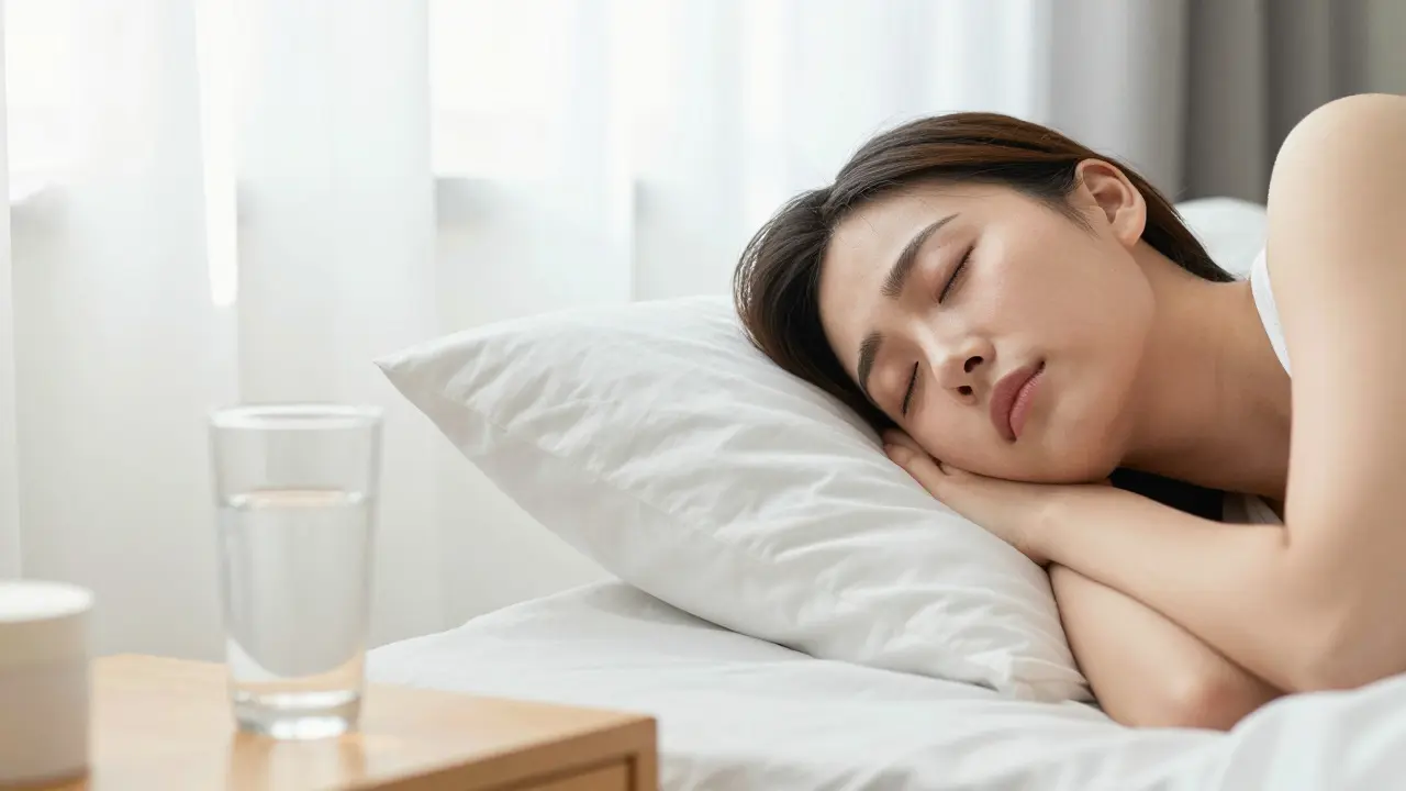 Osvěžený člověk probouzějící se v prosvětlené místnosti po hlubokém spánku.