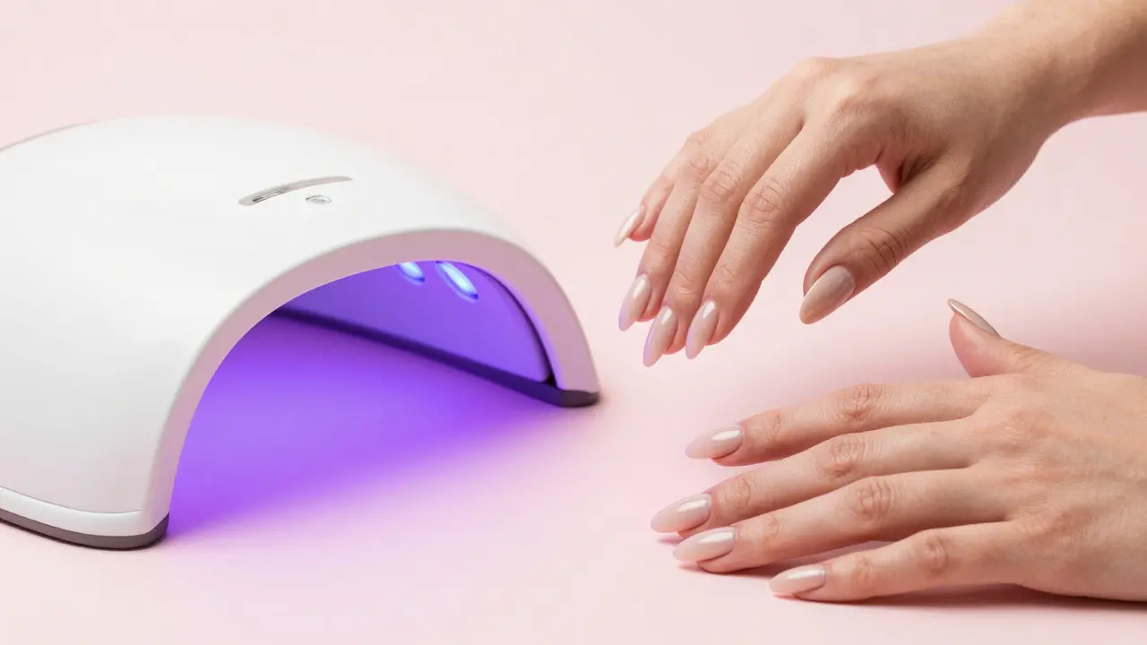 Různé tvary a typy manikúry s UV lampou v pozadí.