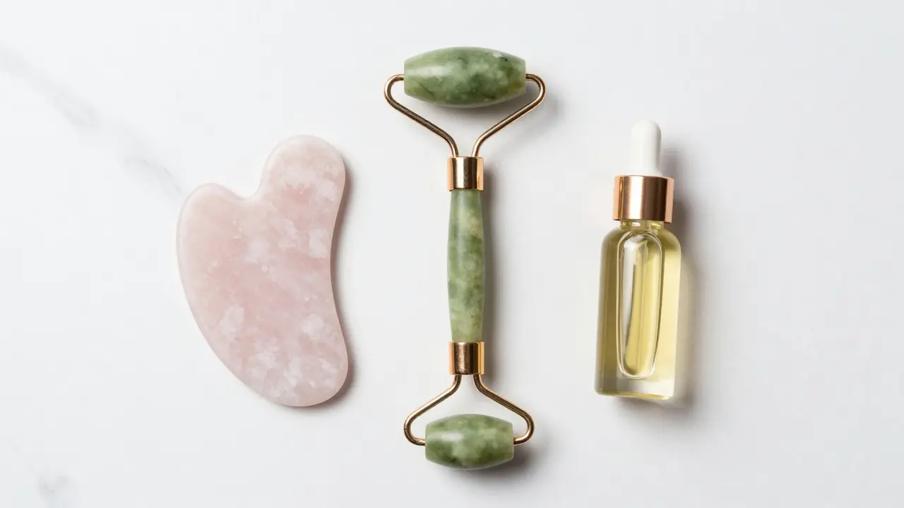 Sada nástrojů Gua Sha a jadejový váleček s lahvičkou oleje na mramoru.