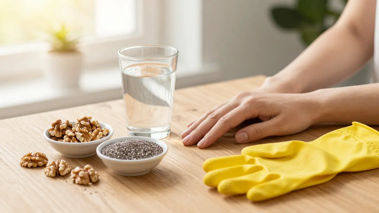 Sada zdravých potravin a ochranné rukavice pro péči o nehty.