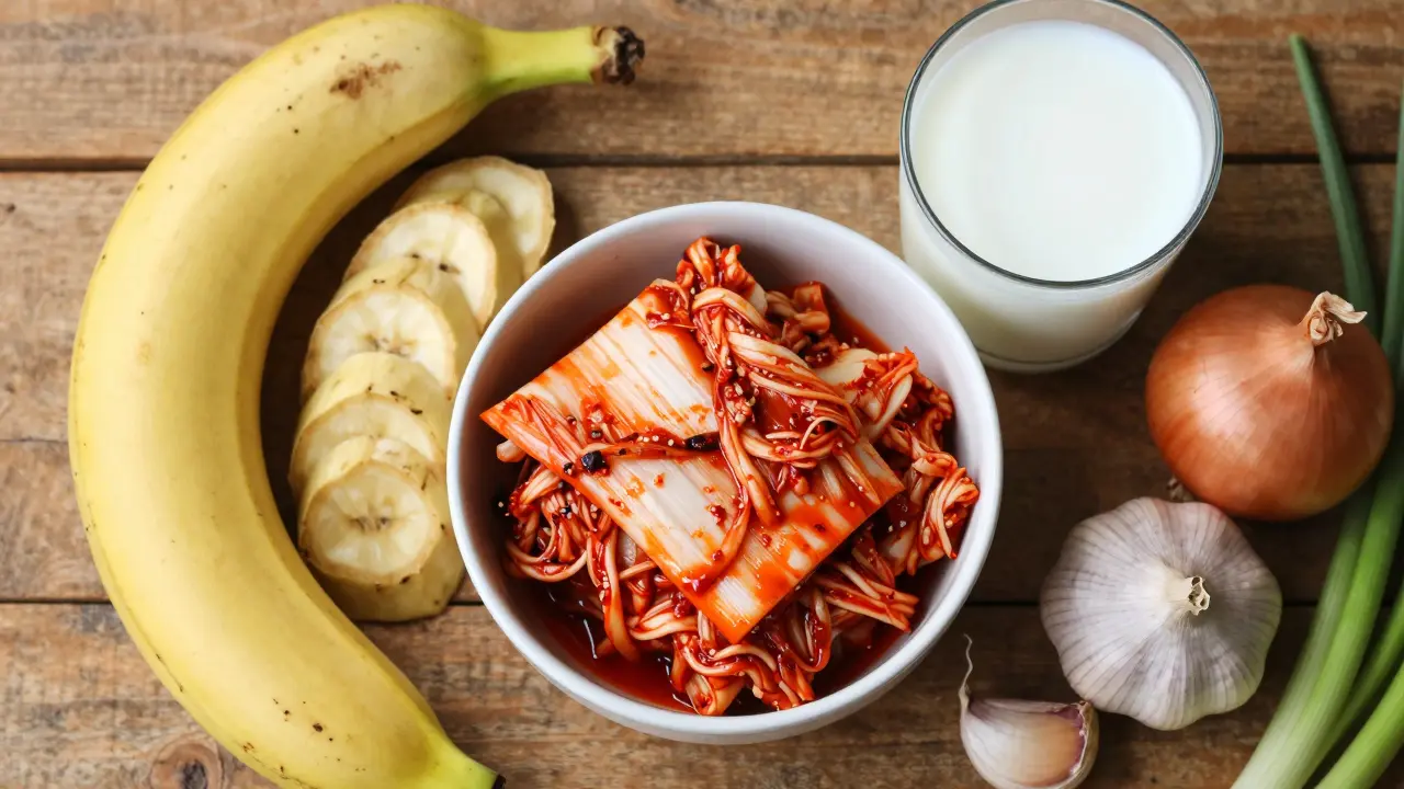 Sestava fermentovaných potravin a vlákniny jako prebiotik na dřevěném stole.