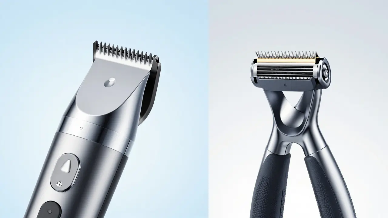 Srovnání elektrického trimru a klasické žiletky pro odstranění chlupů.