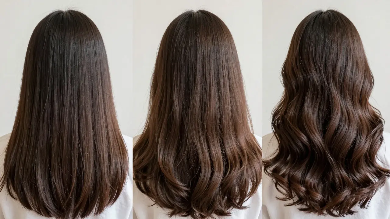 Srovnání textury vlasů v různých fázích po aplikaci keratinu.