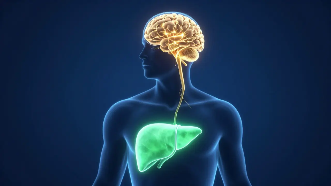 Umělecký obraz regenerace jater a obnovy neurálních spojení v mozku.