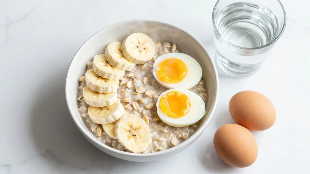Zdravá snídaně s ovesnou kaší, banánem a vejci pro regeneraci organismu.