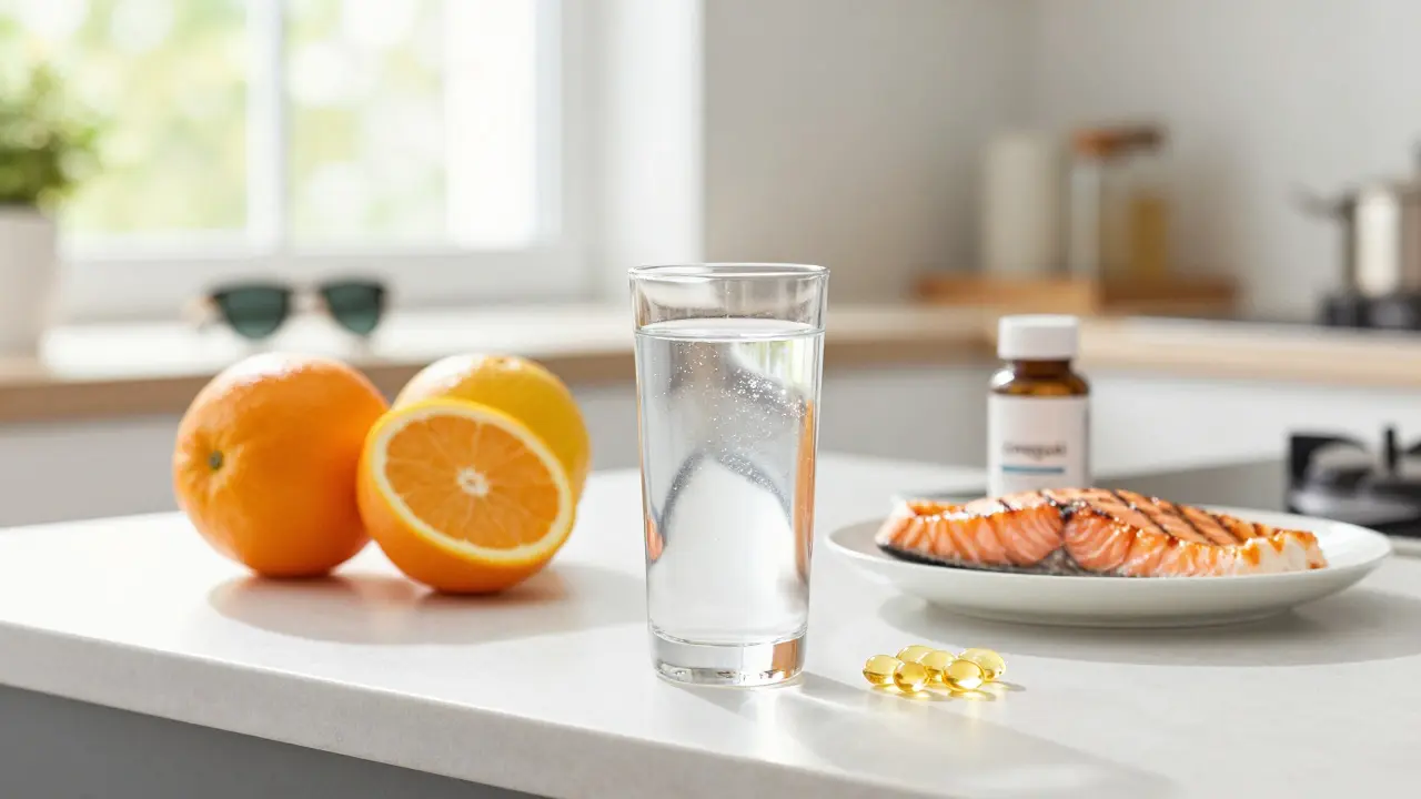 Zdravá strava s kolagenem, citrusy a rybami pro regeneraci pleti.