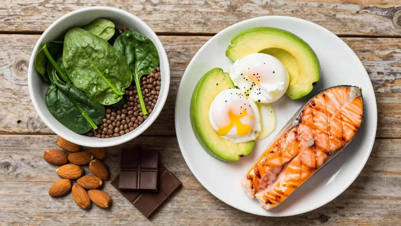 Zdravé potraviny bohaté na vitamíny a minerály na dřevěném stole.