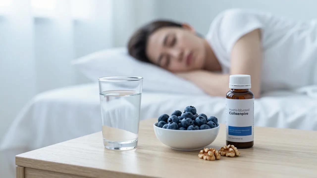 Zdravý životní styl: sklenice vody, borůvky, ořechy a spící osoba v jasném pokoji.