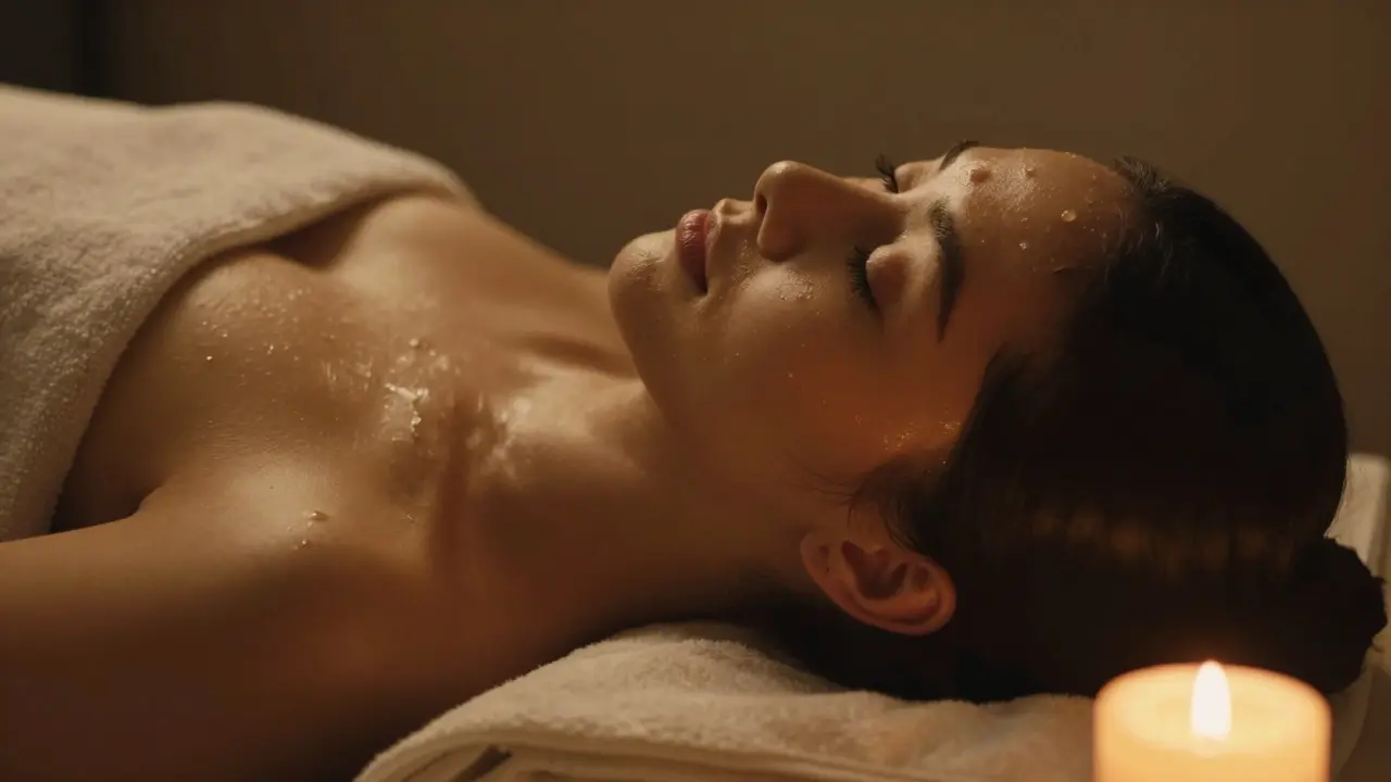 Žena s relaxovanou tváří a pleťovým olejem při večerní péči.