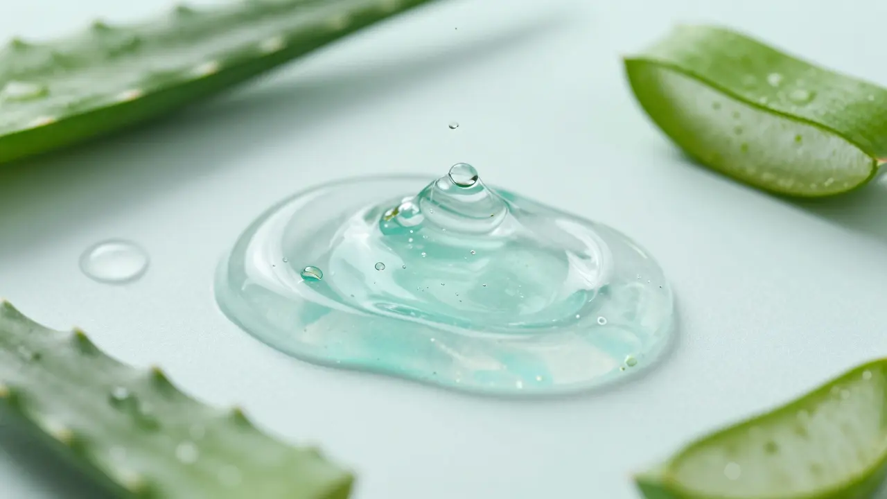 Zklidňující gel z aloe vera s listy rostliny symbolizující hydrataci a péči o pokožku.