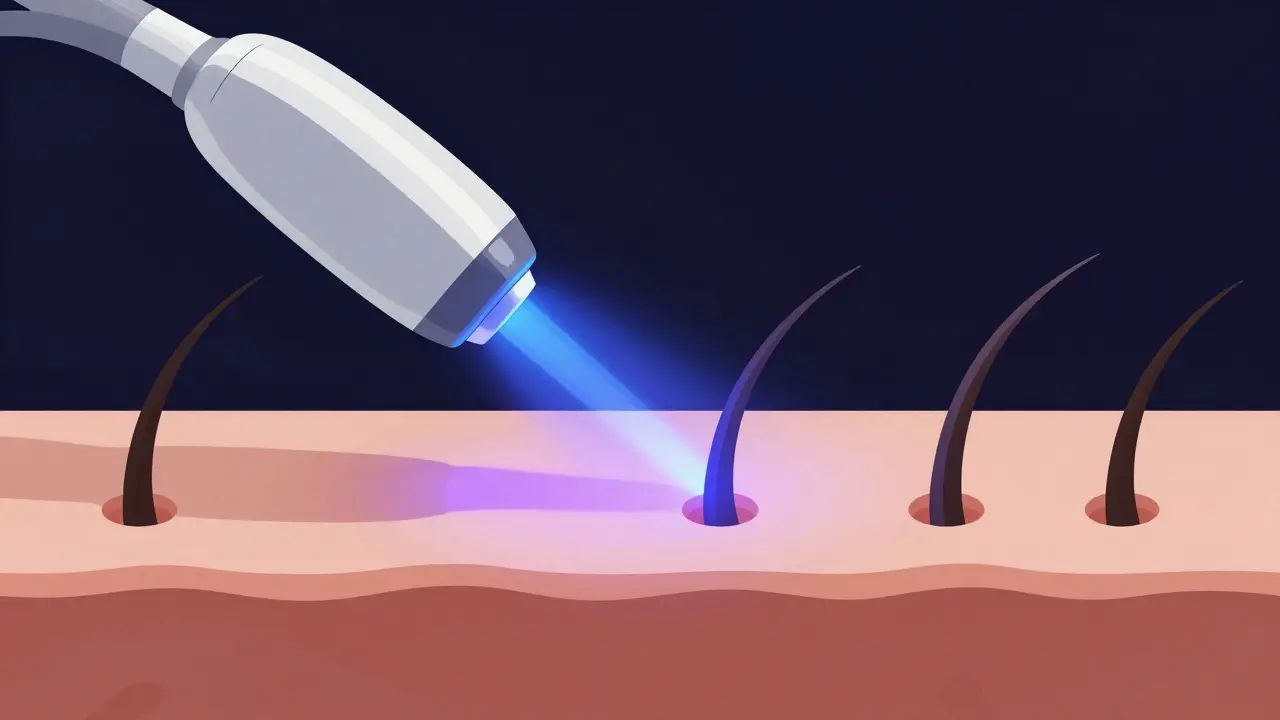 Abstraktní vizualizace laserové depilace vlasových folikulů.