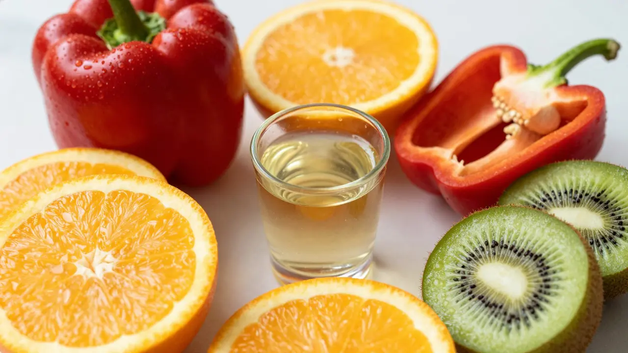Čerstvé ovoce bohaté na vitamin C kolem sklenice s doplňkem stravy