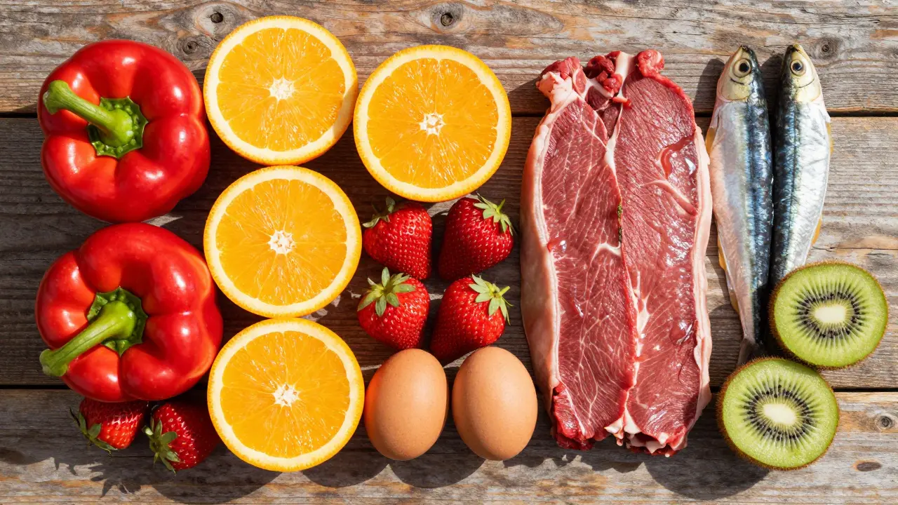Čerstvé potraviny bohaté na bílkoviny a vitamín C pro tvorbu kolagenu