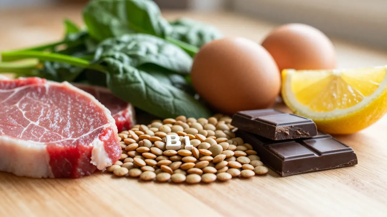 Čerstvé potraviny bohaté na železo a vitamin B12 na dřevěném stole
