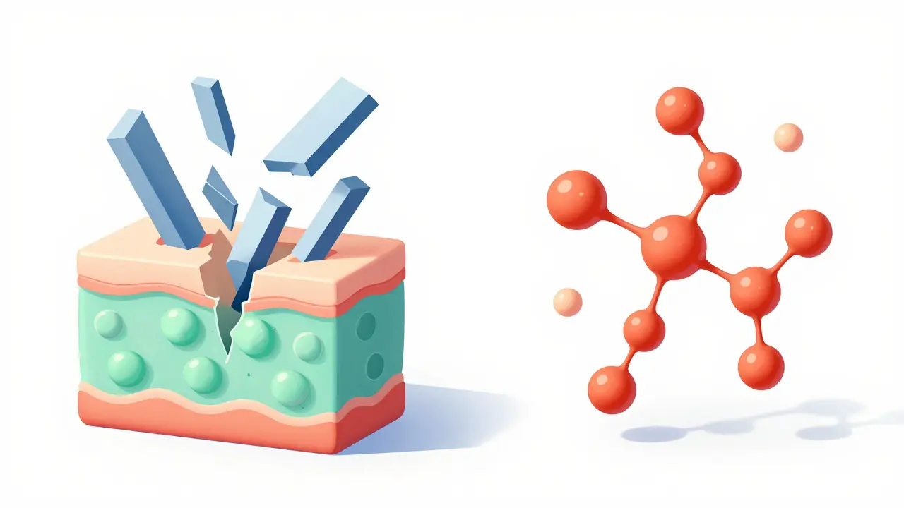 Ilustrace srovnávající mechanické drhnutí a chemickou exfoliaci na buněčné úrovni