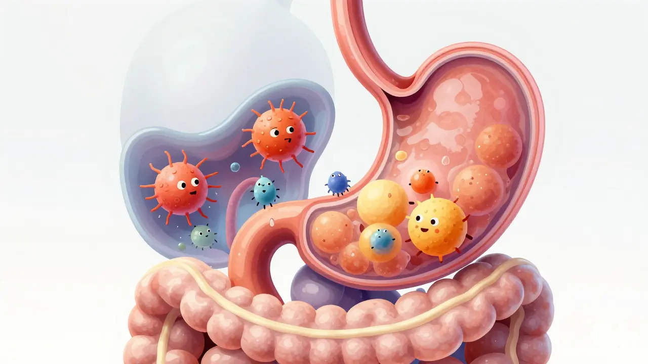 Ilustrace zažívání ukazující bakterie chráněné jídlem před kyselým prostředím žaludku.