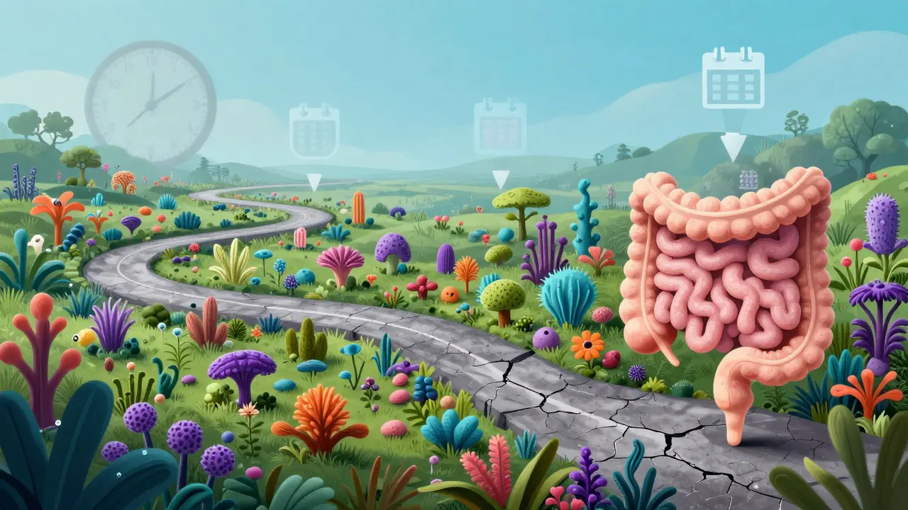 Konceptuální vizualizace obnovy zdraví střev po léčbě antibiotiky
