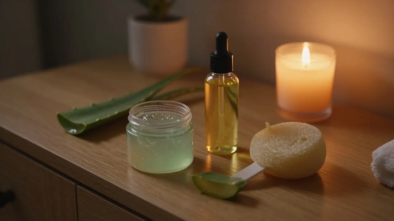 Kosmetika pro péči o pleť: gel z aloe a tělový olej na stole.