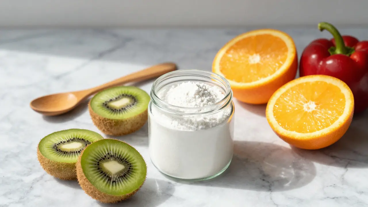 Práškový mořský kolagen vedle citrusů a papriky bohatých na vitamin C
