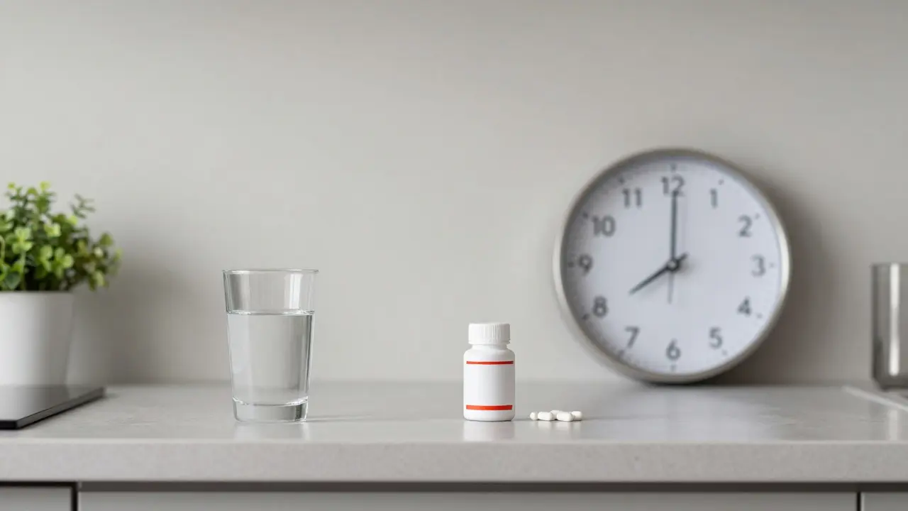 Probiotika a antibiotika položená na kuchyňské desce s důrazem na časový odstup mezi nimi.