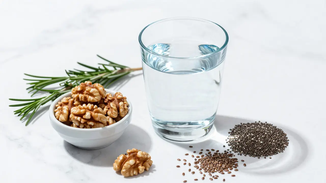 Sklenice vody, ořechy a semínka jako zdroje hydratace a omega-3