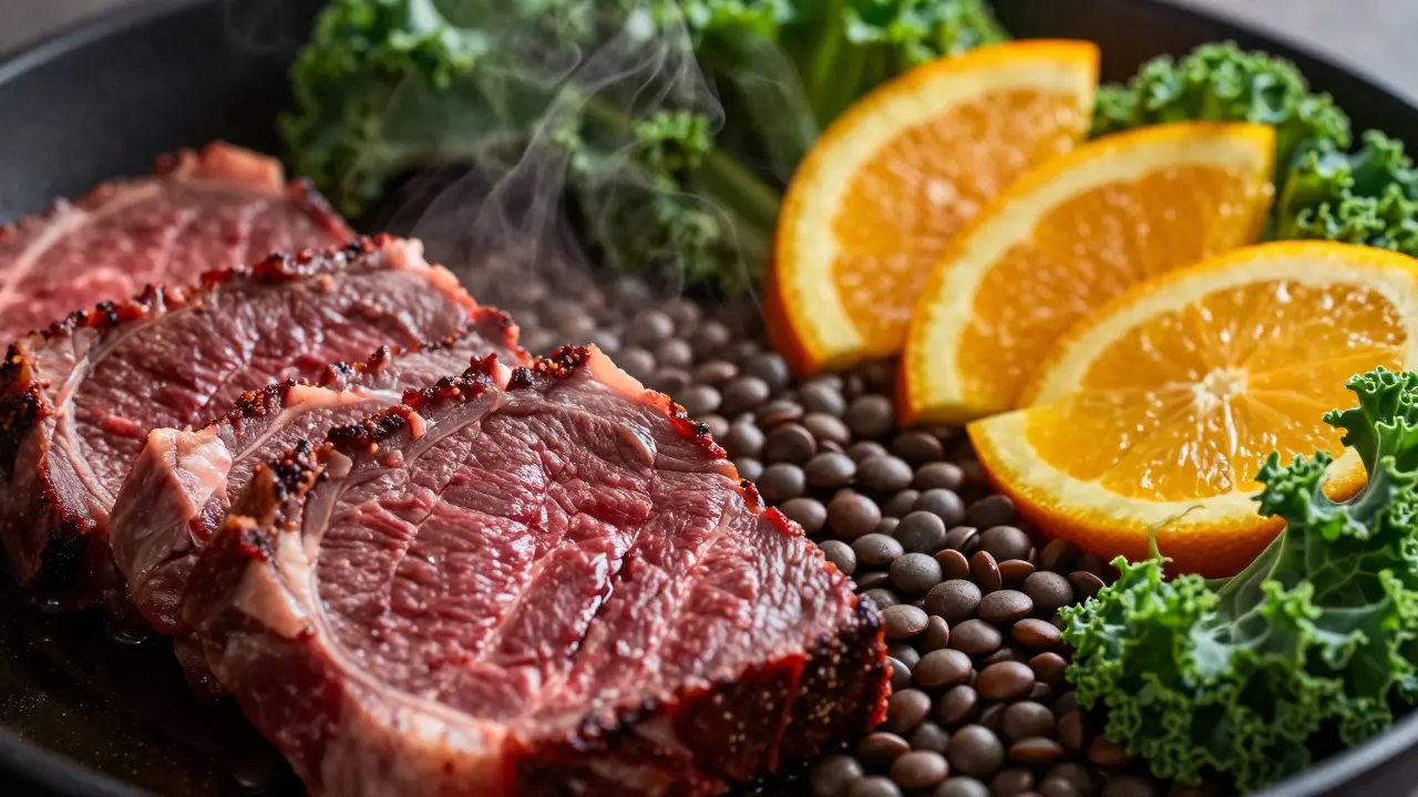 Železem bohaté potraviny: hovězí maso, čočka a citrusy v makro záběru