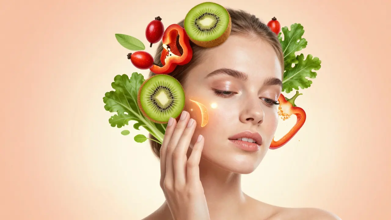 Žena s zářivou pletí obklopená ovocem bohatým na vitamín C
