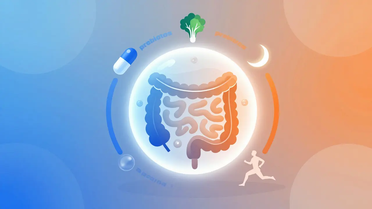 Abstraktní zobrazení synergie probiotik, stravy a životního stylu pro zdraví