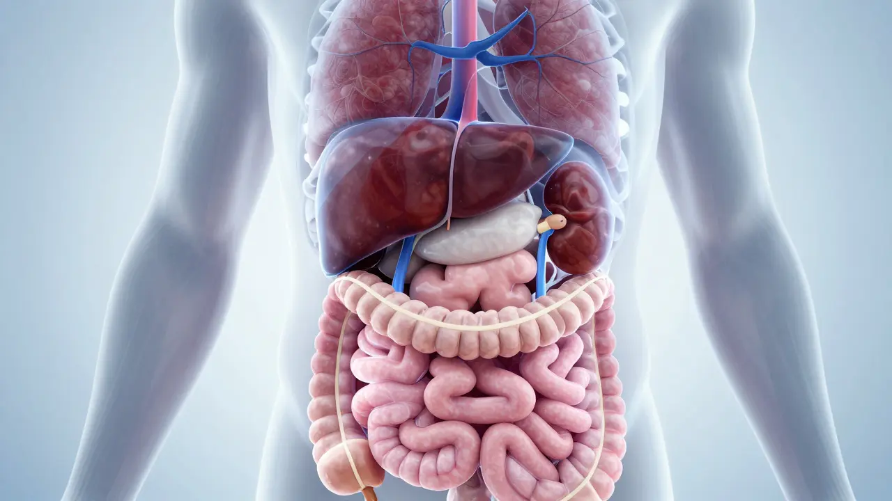 Anatomická vizualizace jater, ledvin a střev při přirozeném čištění těla
