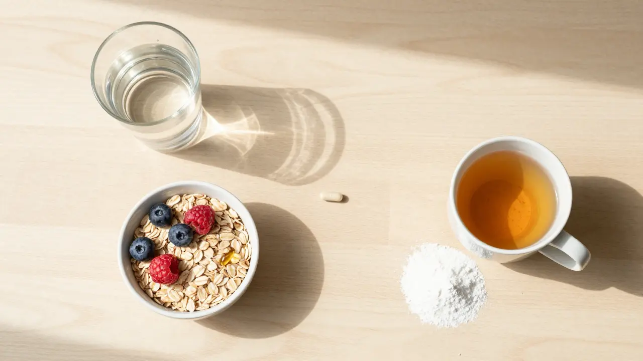 Denní rutina s vitamíny, omega-3 a hořčíkem na dřevěném stole