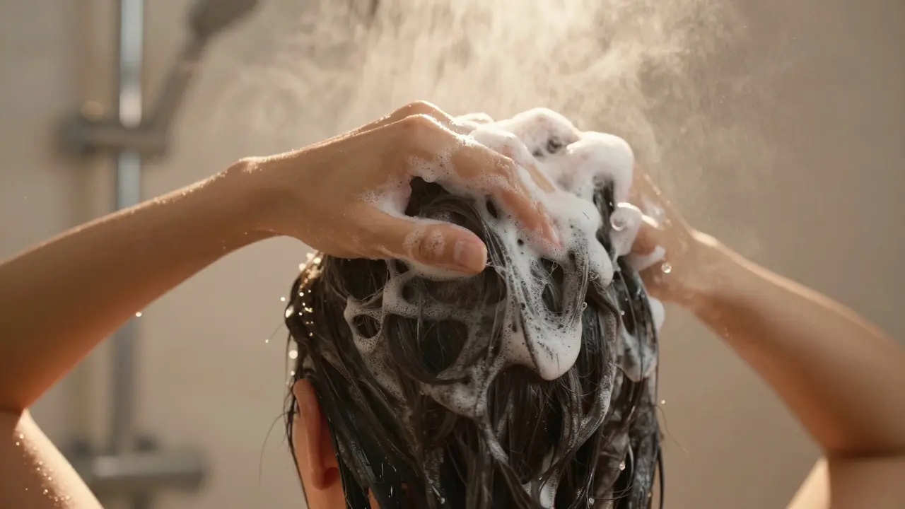 Detailní záběr mytí pouze kořínků vlasů šamponem ve sprše