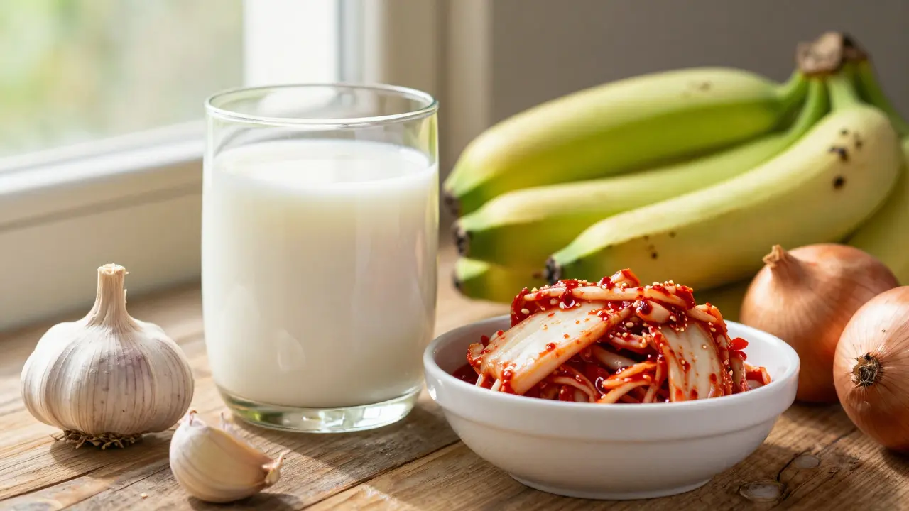 Fermentované potraviny a prebiotika: kefír, kimchi, česnek a cibule na dřevěném stole