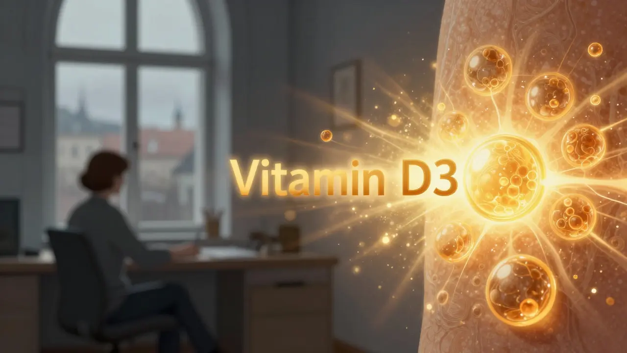 Ilustrace nedostatku vitaminu D v kanceláři versus sluneční záření