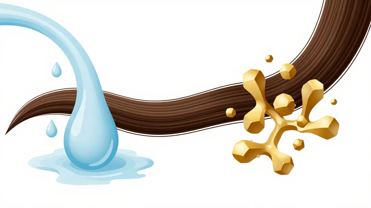 Ilustrace rovnováhy mezi hydratací a proteiny pro zdravé vlasy