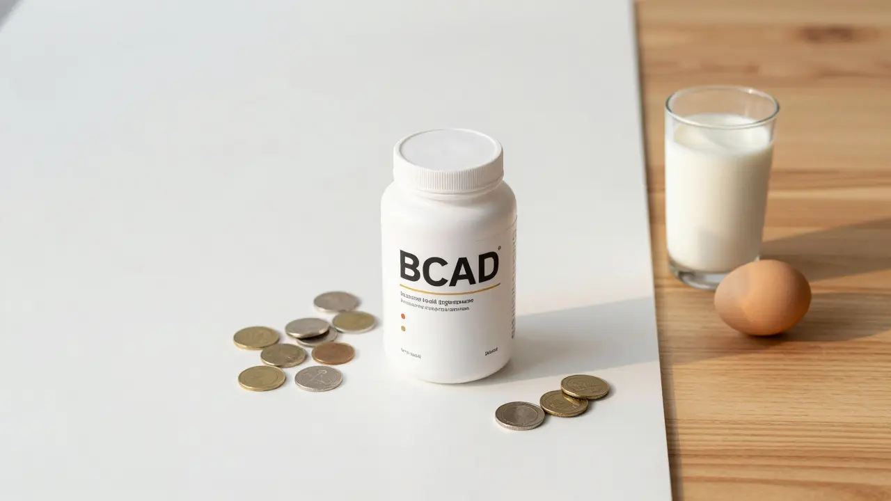 Láhev s doplňkem BCAA a mince vedle mléka a vejce na stole