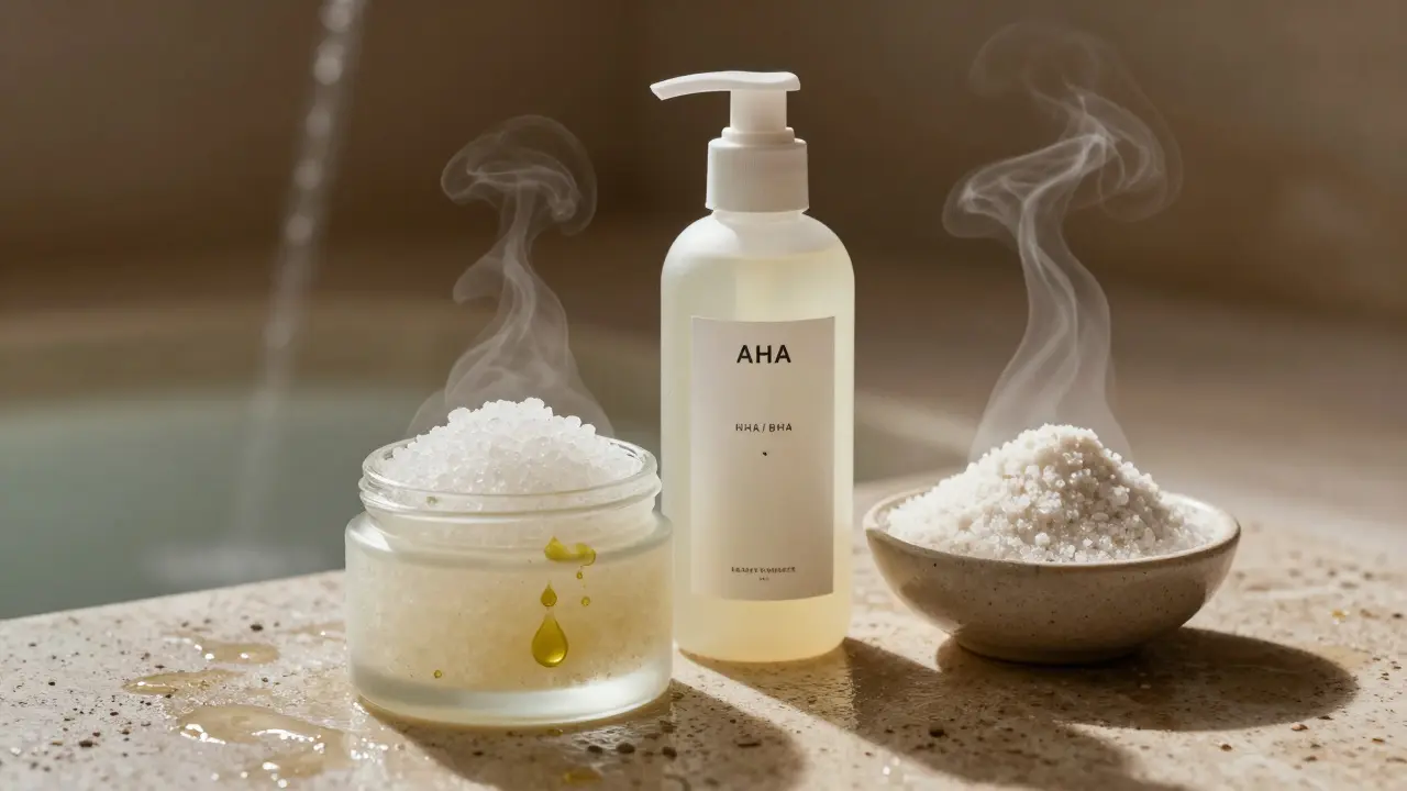 Luxusné kosmetické přípravky na peeling uspořádané na kamenném povrchu