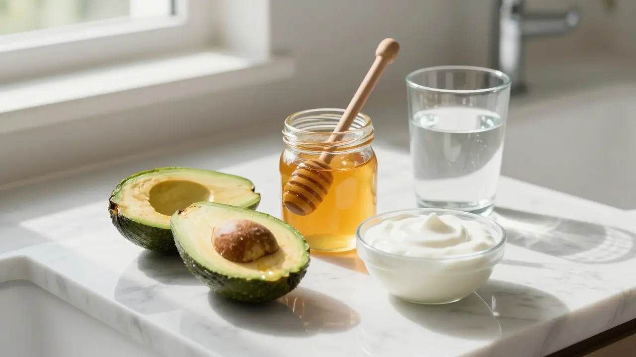Přírodní ingredience na péči o vlasy: avokádo, med a jogurt na mramorové desce