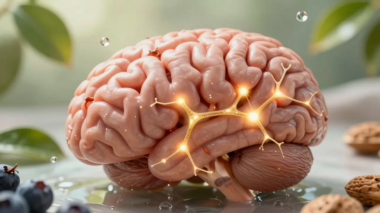 Regenerující neuronové spojení a zdravé potraviny symbolizující uzdravení mozku