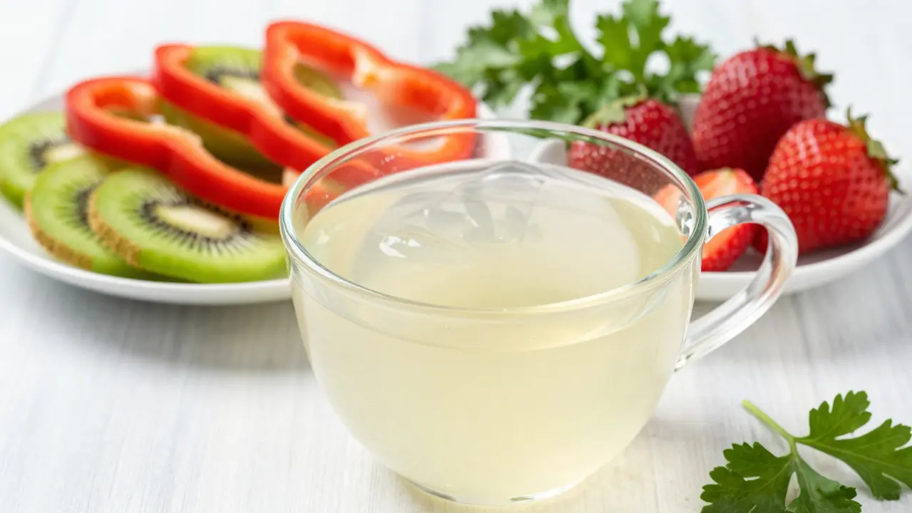 Sklenice želatínového vývaru s ovocem bohatým na vitamín C